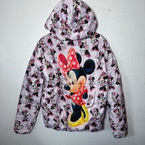 Minnie Mouse Disney Womens Small Pink Puffer Zip Up Coat Jacket Graphic Hooded